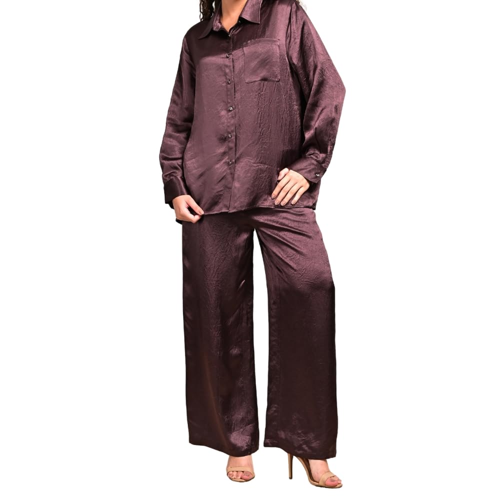 YUSHE 2-Piece Lounge Set for Women | Silky Shirt with Designer Buttons & Wide-Leg Pants with Pockets | Lounge Sets for Travel