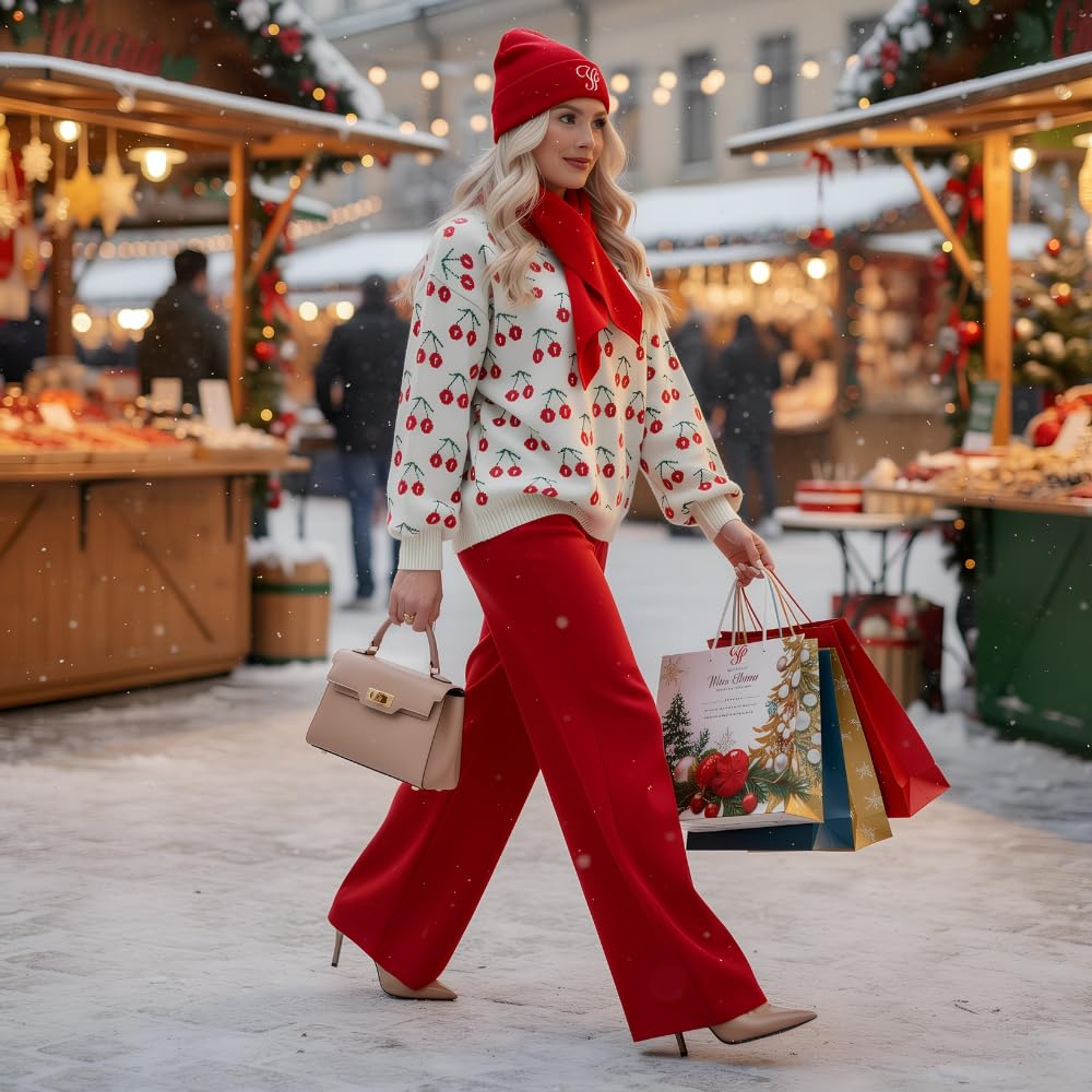 YUSHE Women’s Co-Ord Set | 4-Piece Knitted Cherry Motif Sweater & High-Rise Pants with Cap & Neck Warmer | Winter Lounge Set