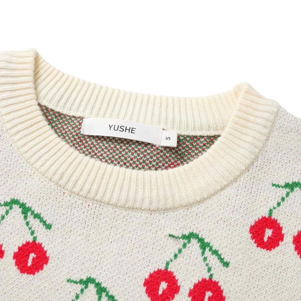 YUSHE Women 2 Piece Set | Cherry Motif Knit Sweater & High-Rise Pants | Winter Co-Ord Sets for Women | Loungewear for Travel