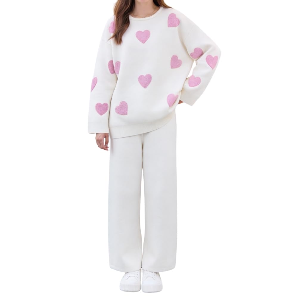 YUSHE Women Two Piece Outfit Sets | Valentine’s Lounge Set with 3D Heart Knit Sweater & High-Rise Pants | Women Winter Sets