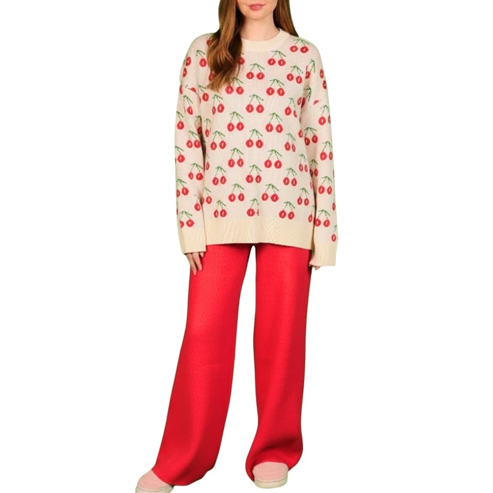 YUSHE Women 2 Piece Set | Cherry Motif Knit Sweater & High-Rise Pants | Winter Co-Ord Sets for Women | Loungewear for Travel