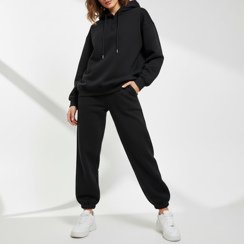 YUSHE 2 Piece Hoodie and Jogger Set for Women | Buttoned Pullover Hoodie with High Rise Joggers | Cotton Blend Sweatsuit Set