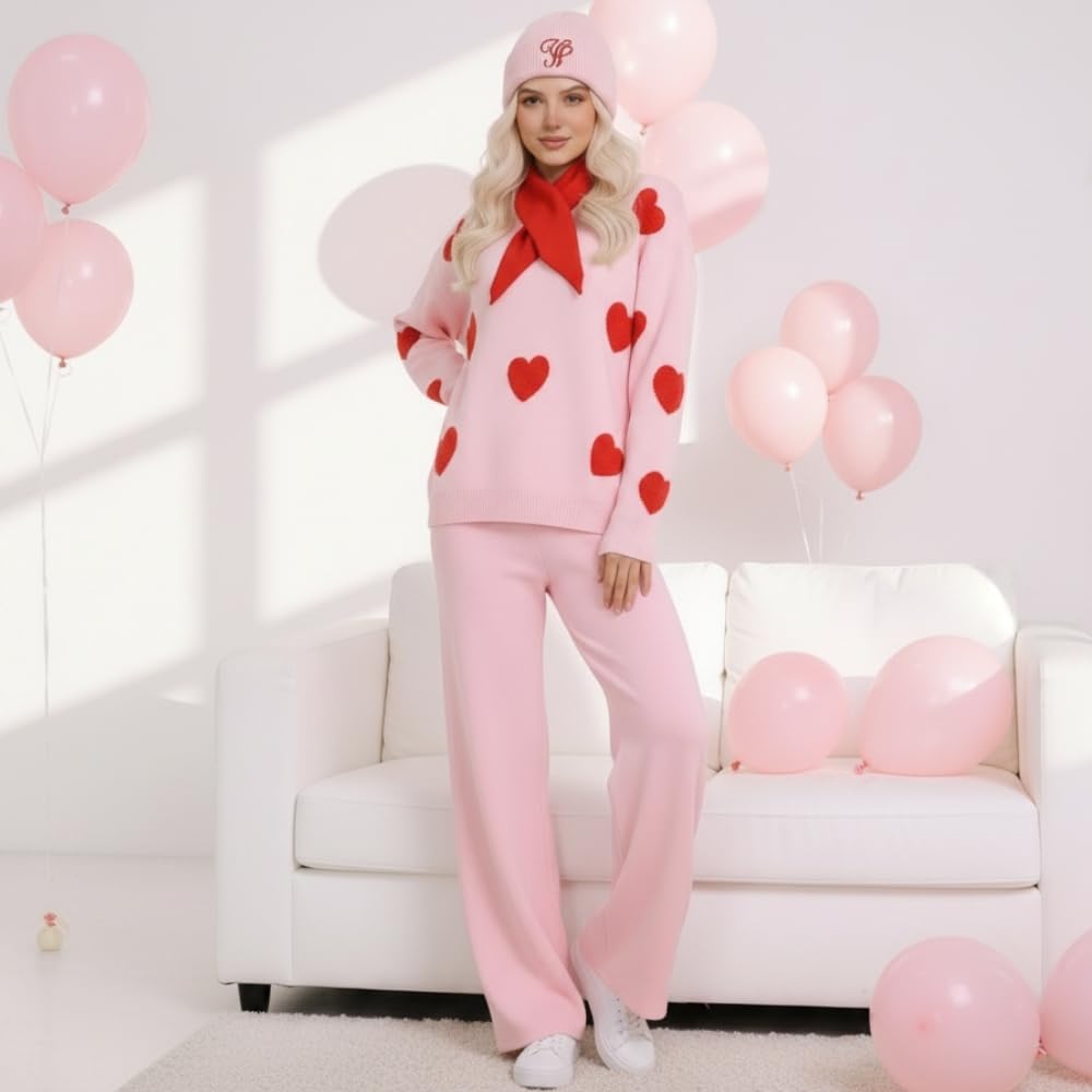YUSHE Women’s Winter Co-Ord Set | 4-Piece 3D Heart Knit Sweater & High-Rise Pants | Matching Cap & Neck Warmer