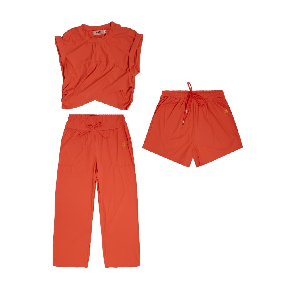 YUSHE 3 Piece Co Ord Set for Women | Ruched Top with Wide Leg Pants & Shorts | 3-in-1 Active & Lounge Wear for Travel