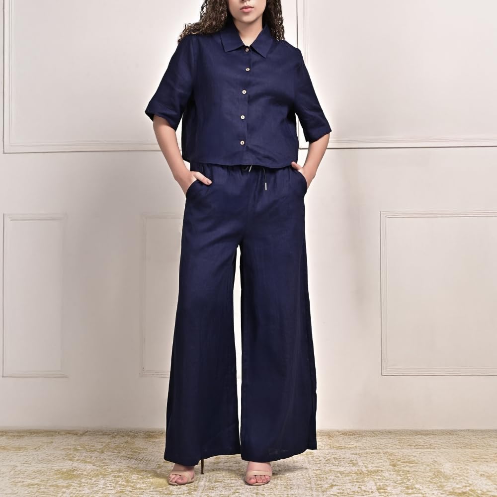 YUSHE 3 Piece Lounge Set for Women | Linen Crop Shirt with Shorts & Pants | Matching Co Ord Set | Loungewear for Travel