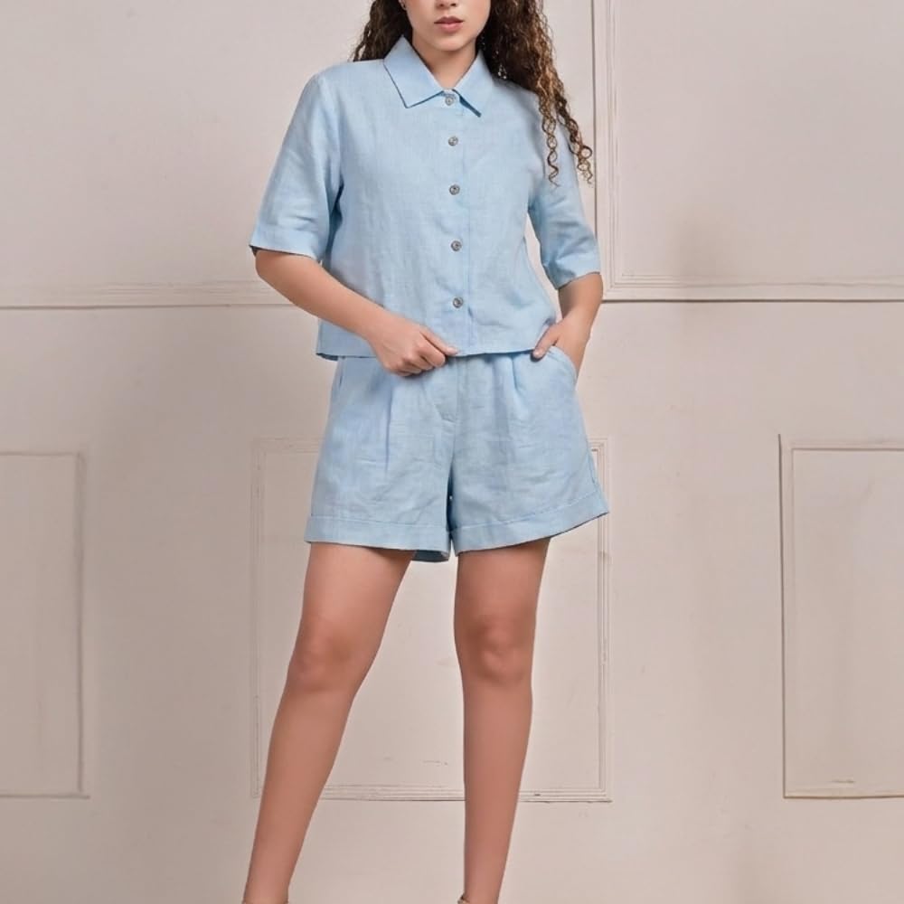 YUSHE 3 Piece Lounge Set for Women | Linen Crop Shirt with Shorts & Pants | Matching Co Ord Set | Loungewear for Travel