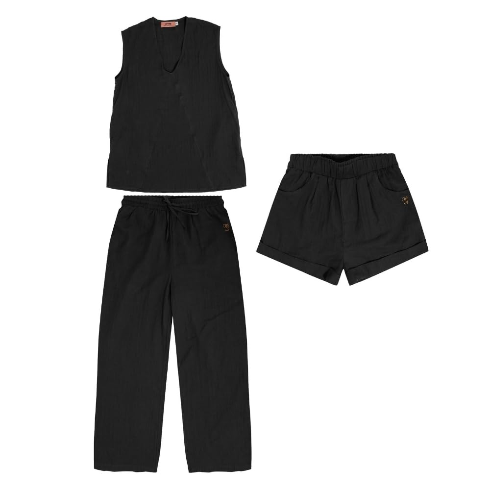 YUSHE 3 Piece 100% Cotton Cord Set for Women | Top, Pants & Shorts with Pockets | Breathable Lounge Wear for Travel