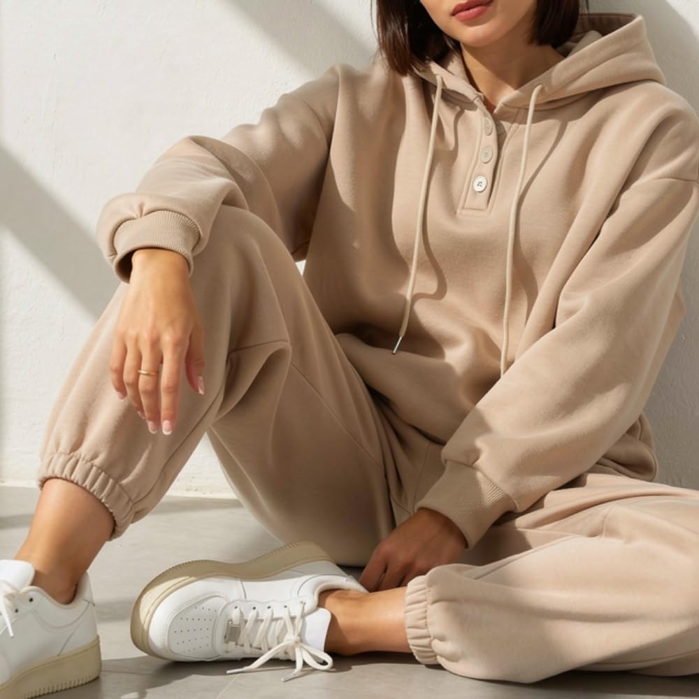 YUSHE 2 Piece Hoodie and Jogger Set for Women | Buttoned Pullover Hoodie with High Rise Joggers | Cotton Blend Sweatsuit Set