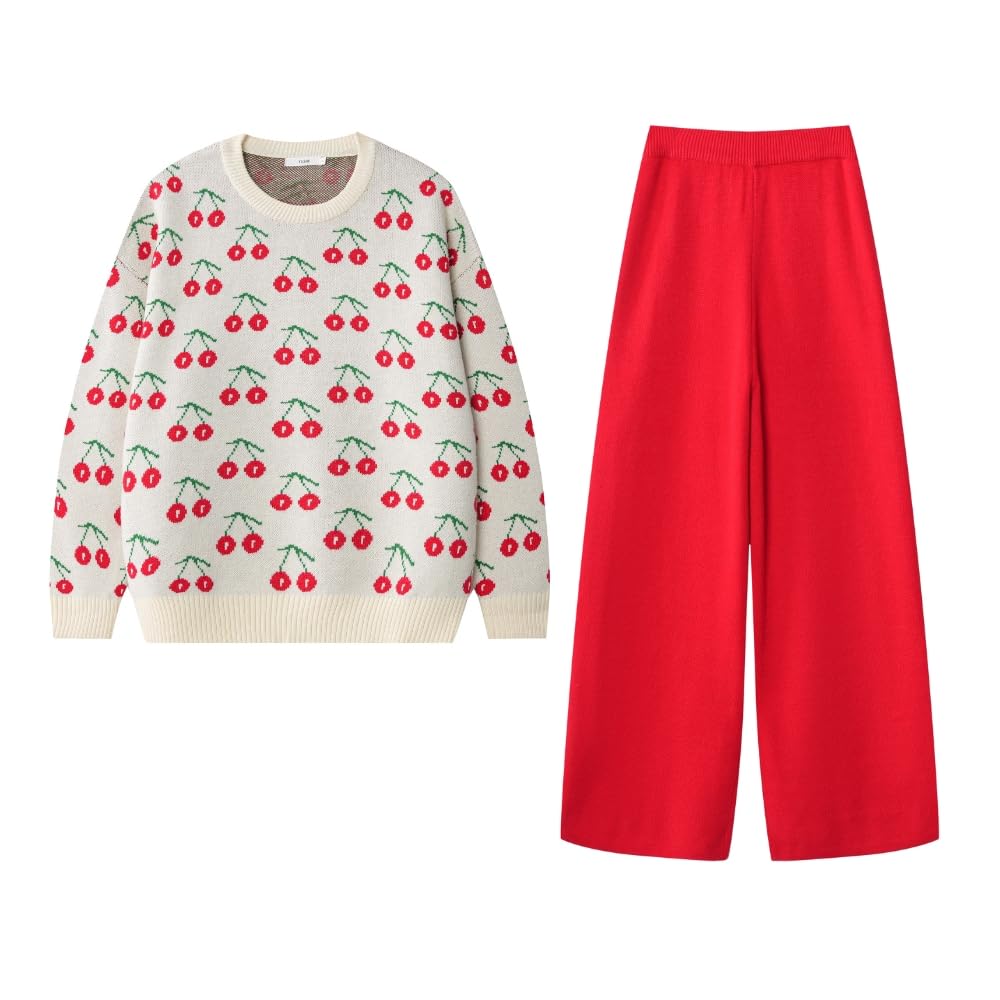 YUSHE Women 2 Piece Set | Cherry Motif Knit Sweater & High-Rise Pants | Winter Co-Ord Sets for Women | Loungewear for Travel