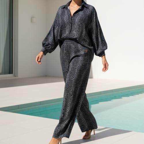 YUSHE Animal Print Co-ord Set | Lightweight Shirt and Pants Set for Women | Summer Two Piece Sets | Casual Vacation Outfits