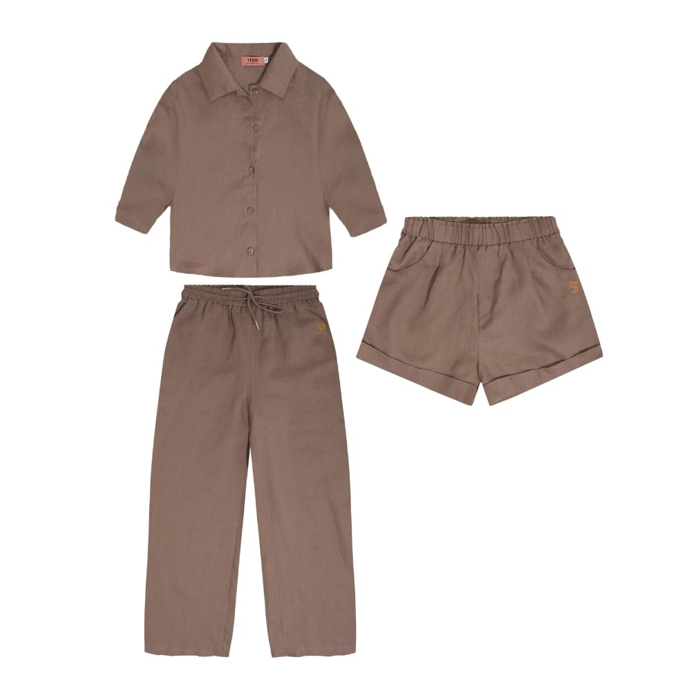 YUSHE 3 Piece Lounge Set for Women | Linen Crop Shirt with Shorts & Pants | Matching Co Ord Set | Loungewear for Travel