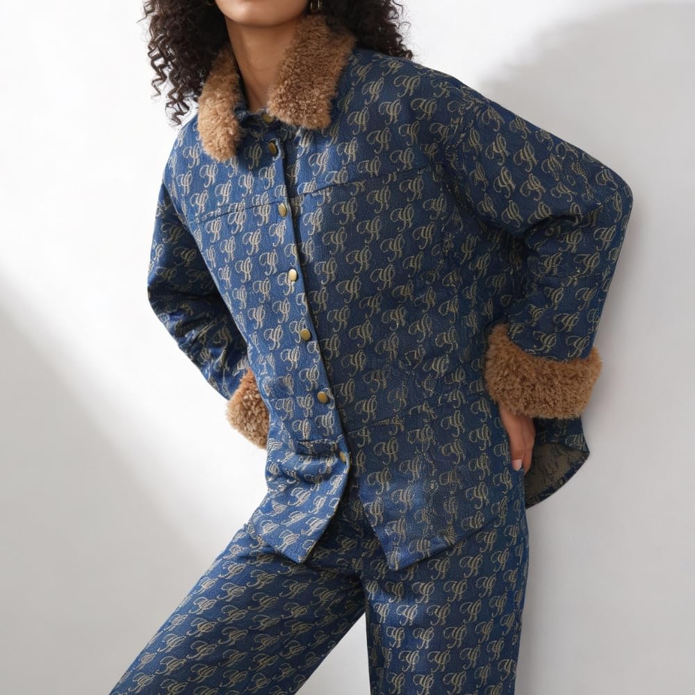 YUSHE 2 Piece Denim Outfit for Women | Button Down Shirt & Pant Set with Detachable Faux Fur | Cotton Rich Winter Set