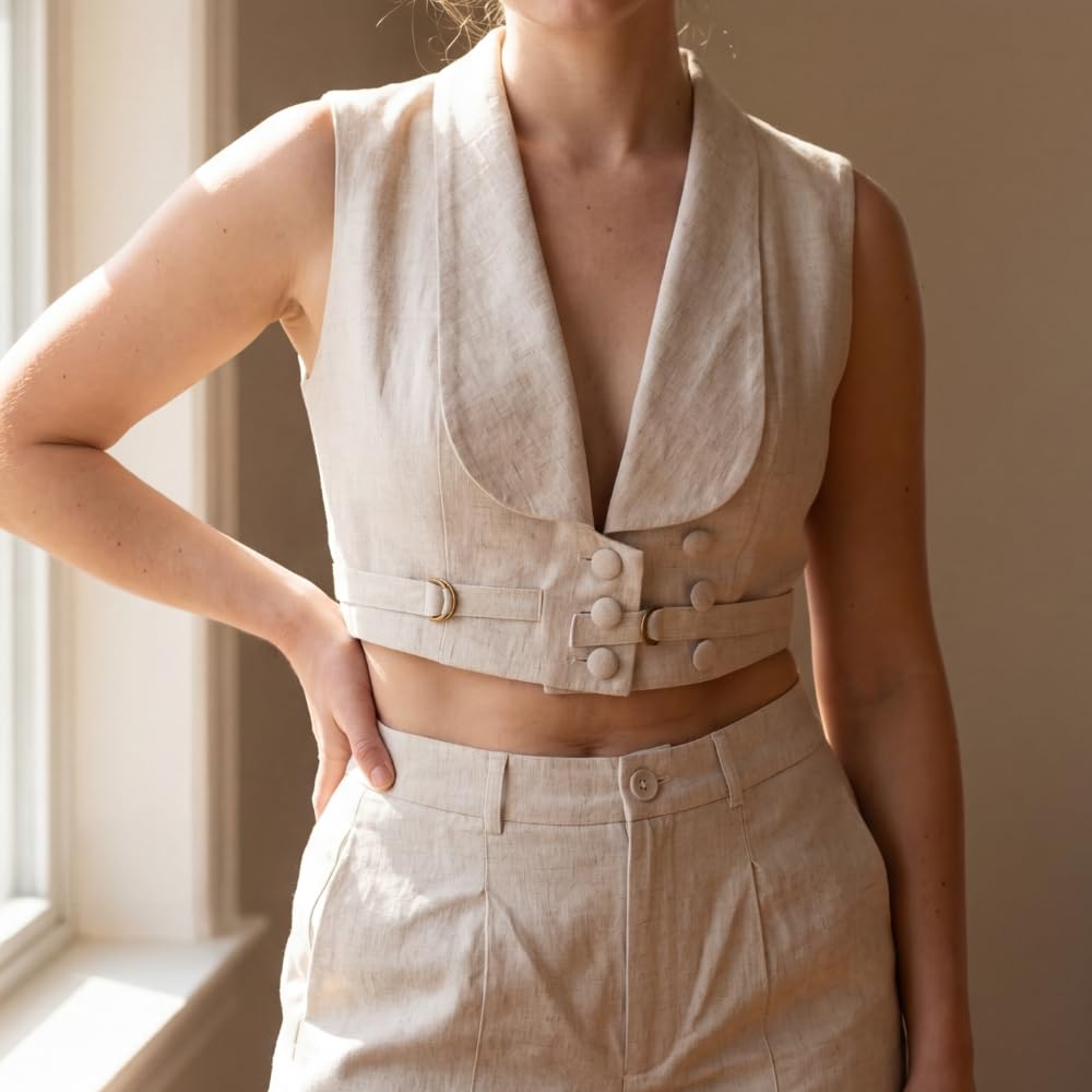 YUSHE Two-Piece Vest and Shorts Set for Women | Linen Blend Sleeveless Buttoned Vest & Matching Shorts | Women’s Work Outfit