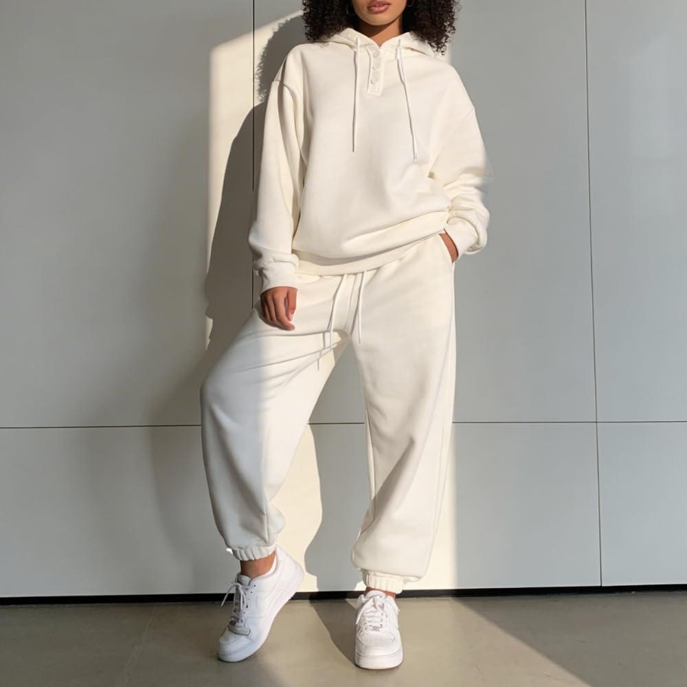 YUSHE 2 Piece Hoodie and Jogger Set for Women | Buttoned Pullover Hoodie with High Rise Joggers | Cotton Blend Sweatsuit Set