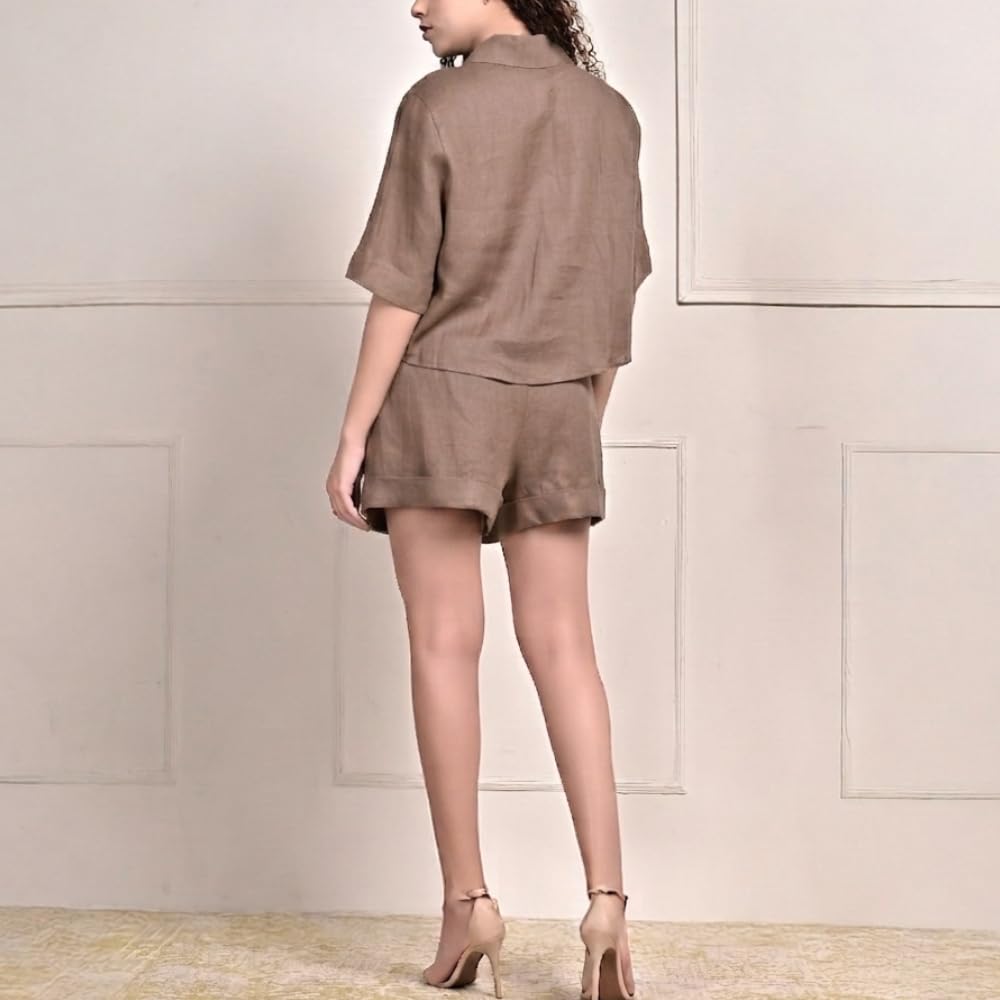 YUSHE 3 Piece Lounge Set for Women | Linen Crop Shirt with Shorts & Pants | Matching Co Ord Set | Loungewear for Travel