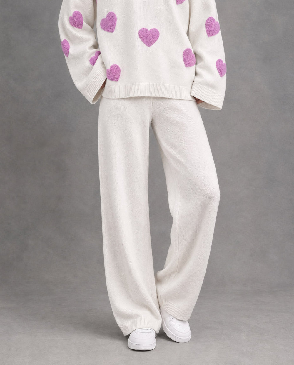 Heart Knit High-Rise Pants, White, on model
