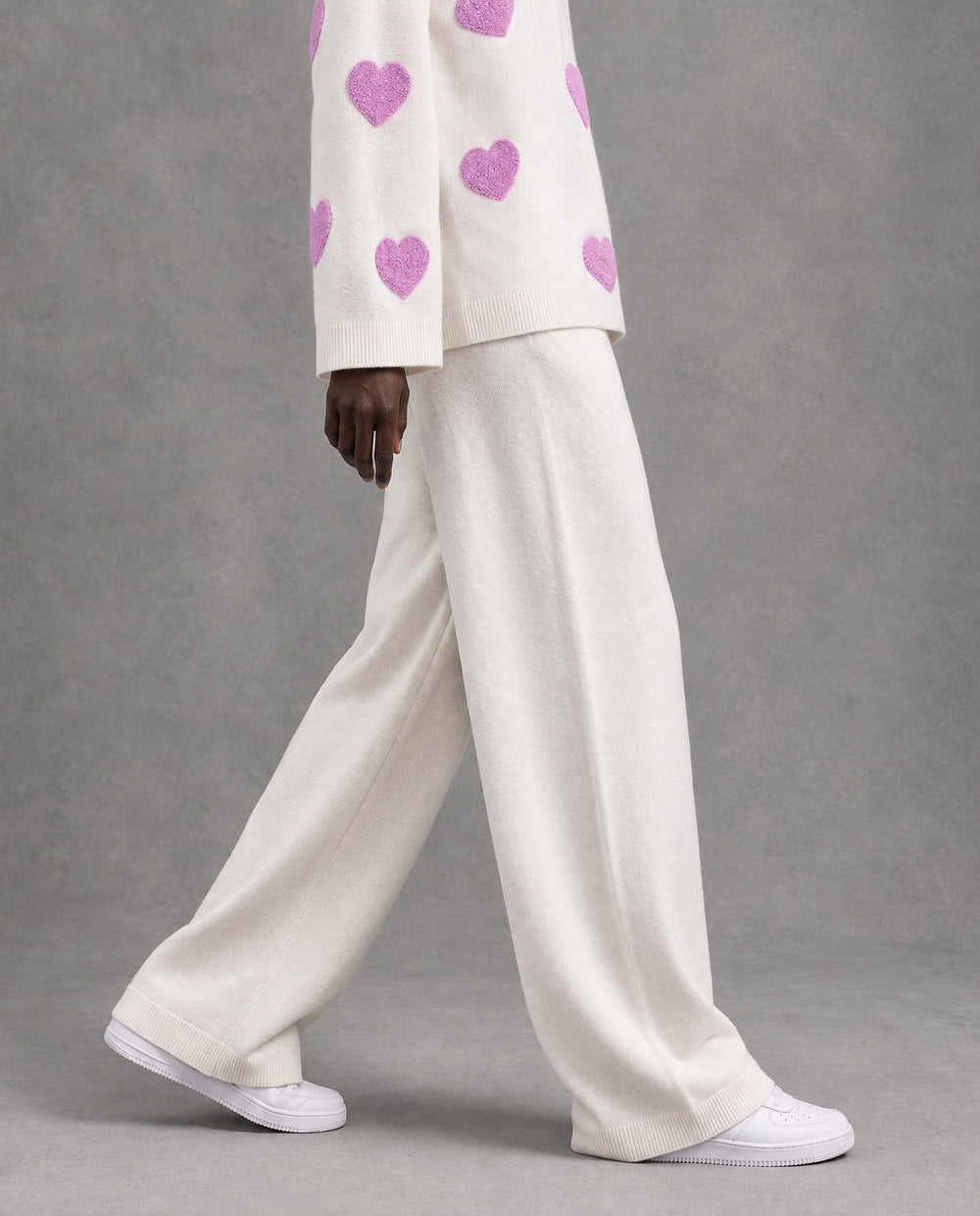 Heart Knit High-Rise Pants, White, on model