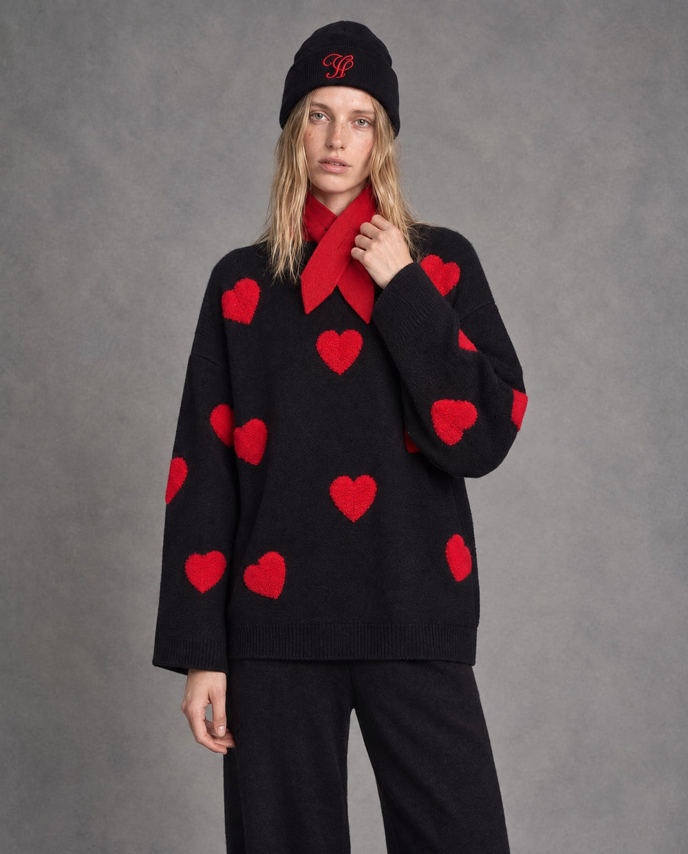Heart Knit Pullover with Neck Warmer & Beanie, Black, on model