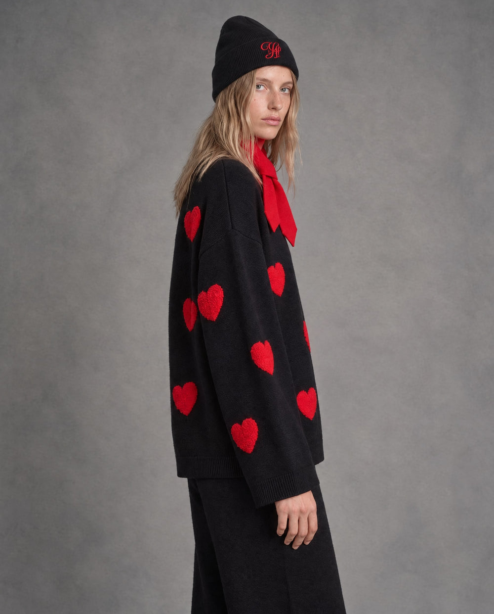 Heart Knit Pullover with Neck Warmer & Beanie, Black, on model