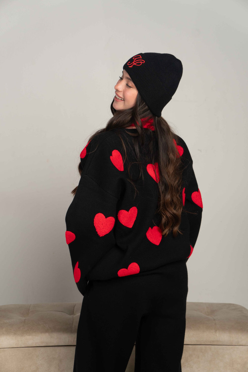 Heart Knit Pullover with Neck Warmer & Beanie, Black, on model