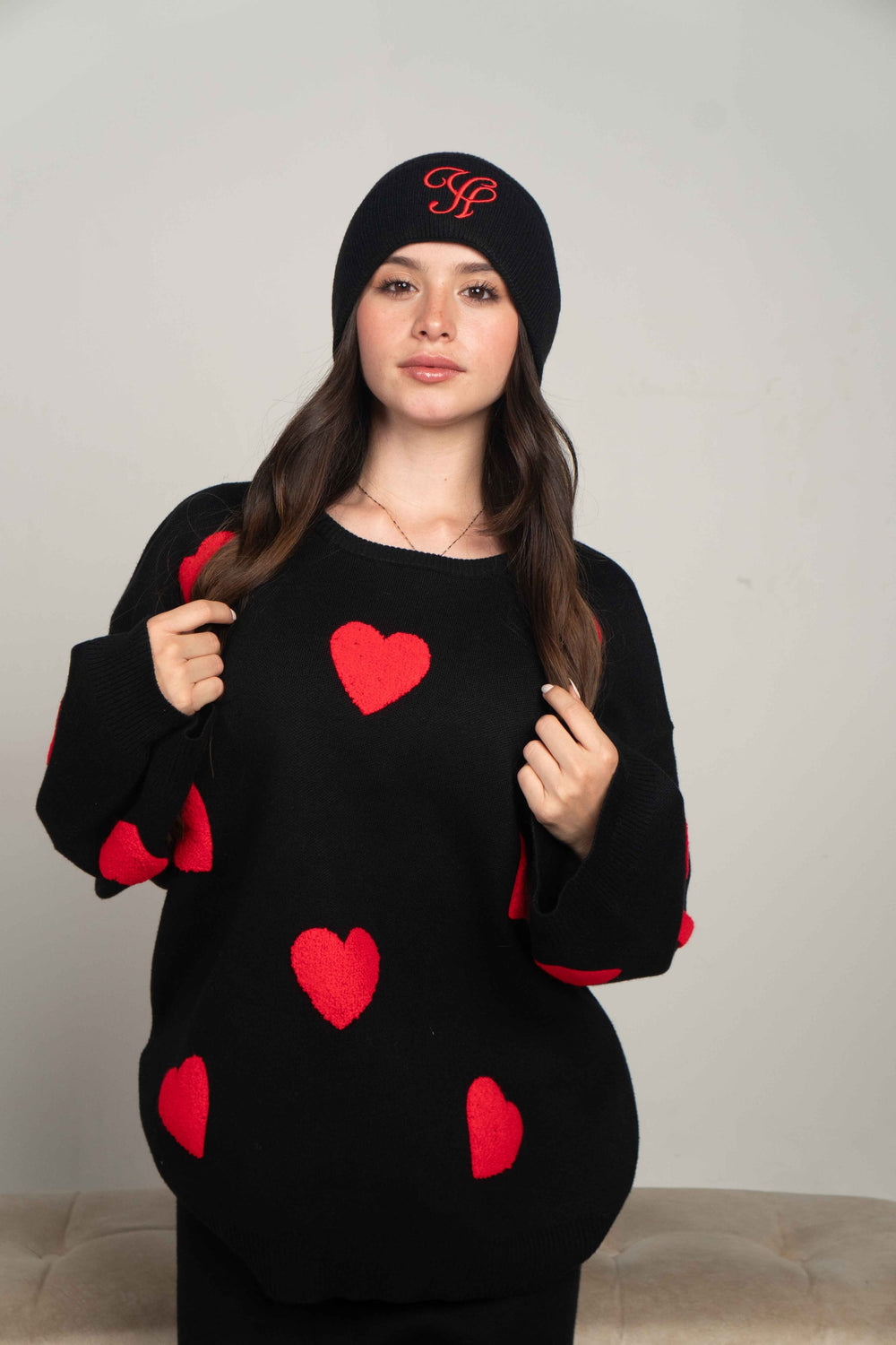 Heart Knit Pullover with Neck Warmer & Beanie, Black, on model