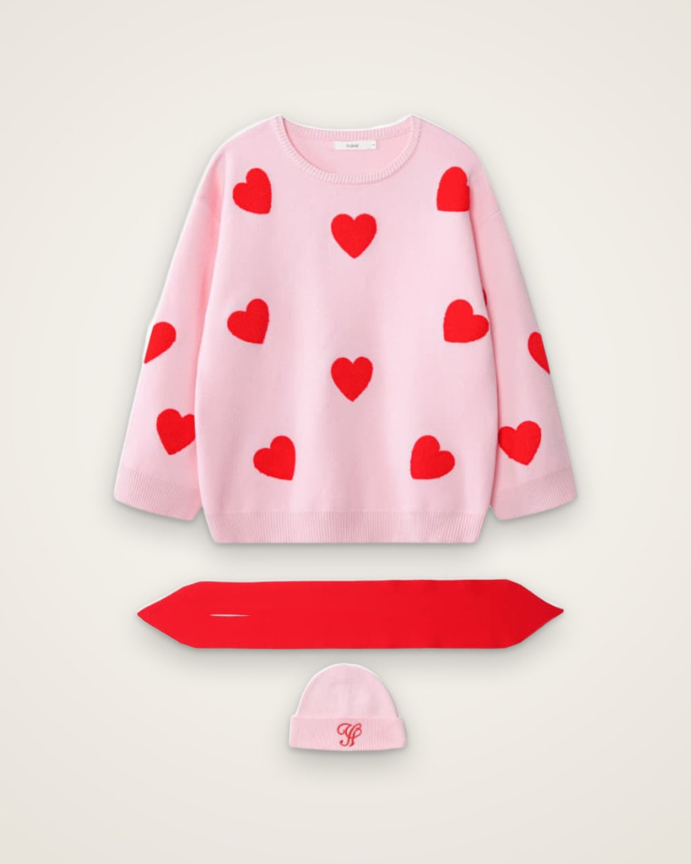 Heart Knit Pullover with Neck Warmer & Beanie, Pink