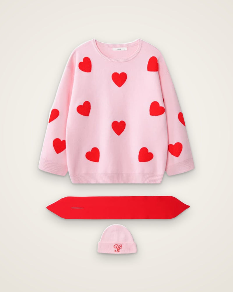 Heart Knit Pullover with Neck Warmer & Beanie, Pink
