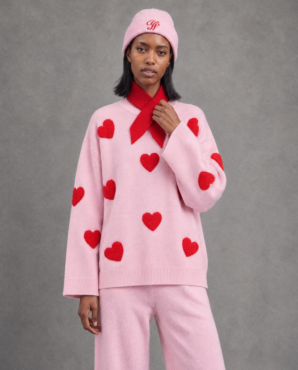 Heart Knit Pullover with Neck Warmer & Beanie, Pink, on model