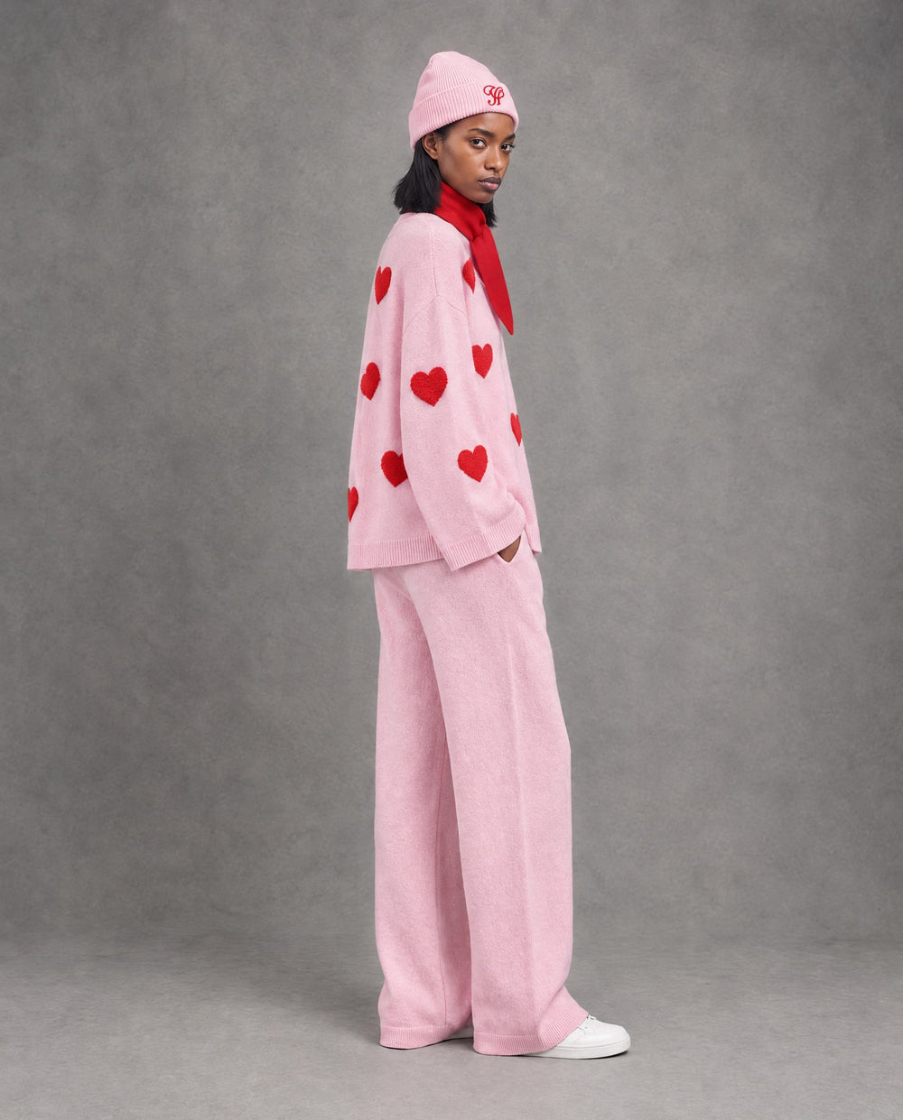Heart Knit Pullover with Neck Warmer & Beanie, Pink, on model