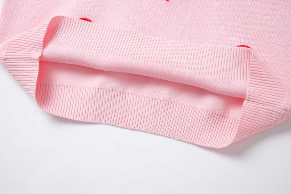 Heart Knit Pullover with Neck Warmer & Beanie, Pink, on model