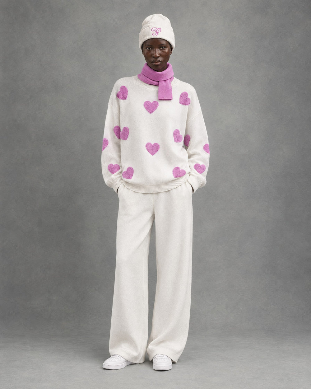 Heart Knit Set on model, White