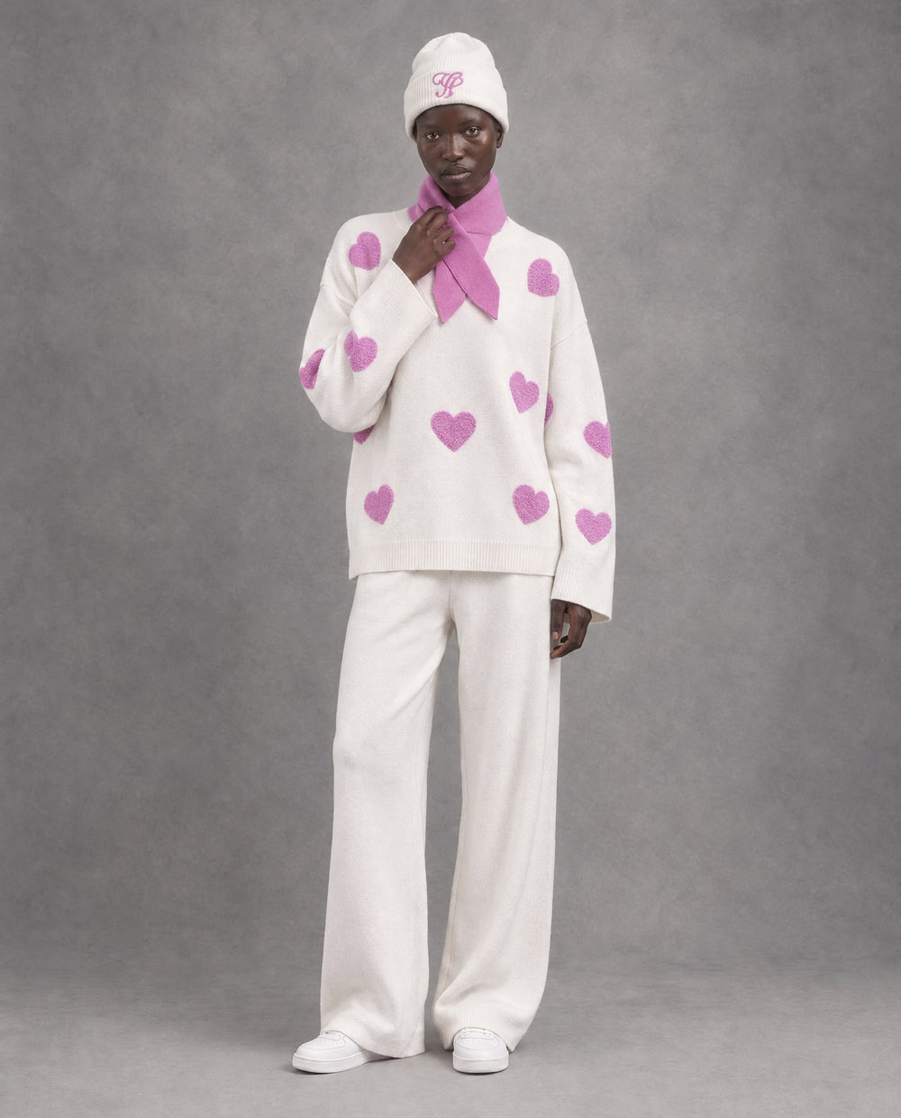 Heart Knit Pullover with Neck Warmer & Beanie, White, on model