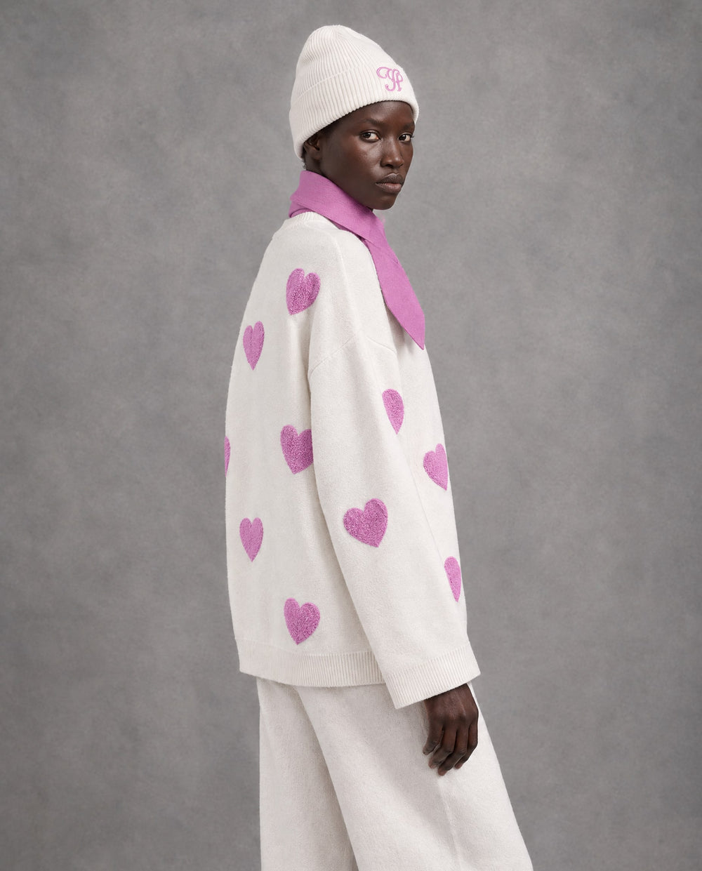 Heart Knit Pullover with Neck Warmer & Beanie, White, on model