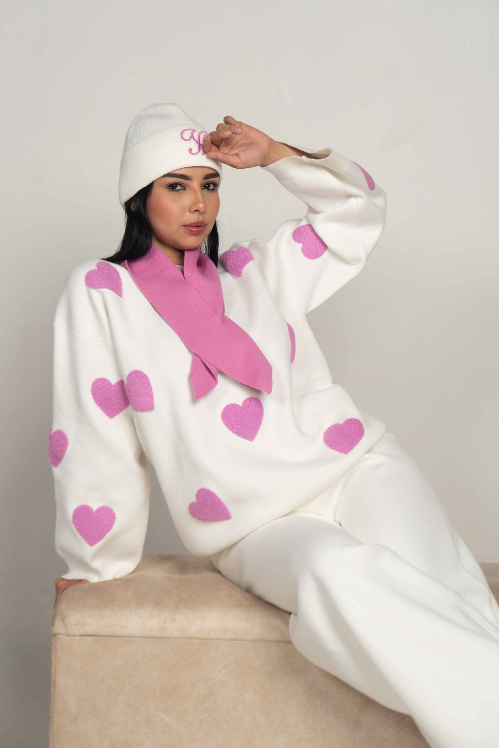 Heart Knit Pullover with Neck Warmer & Beanie, White, on model
