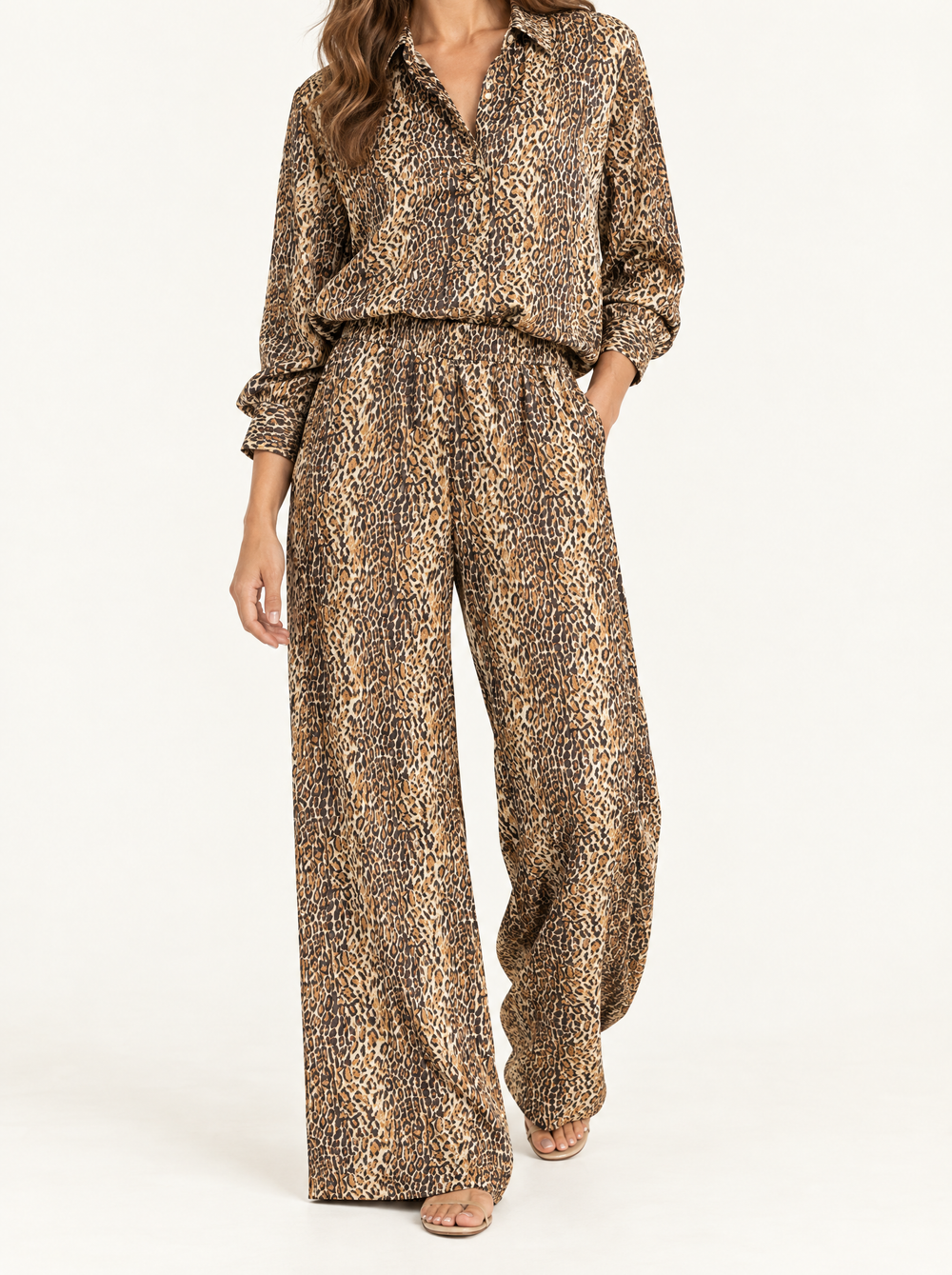 YUSHE Animal Print Wide-Leg Pants, Brown - Hover · model