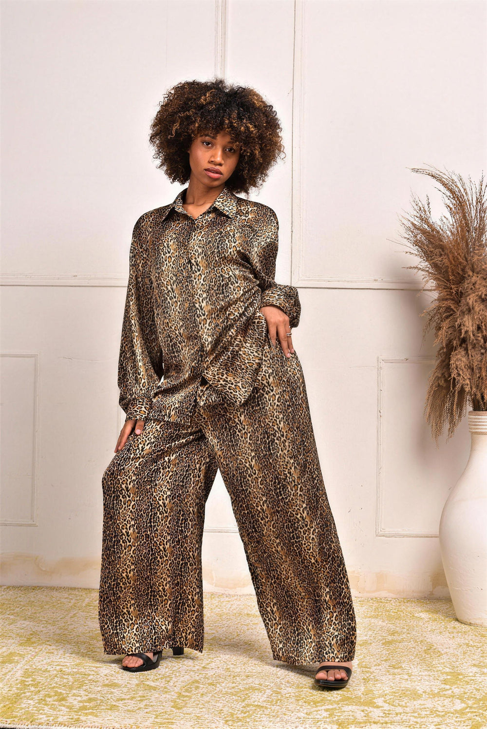 YUSHE Animal Print Wide-Leg Pants, Brown - additional model view 3