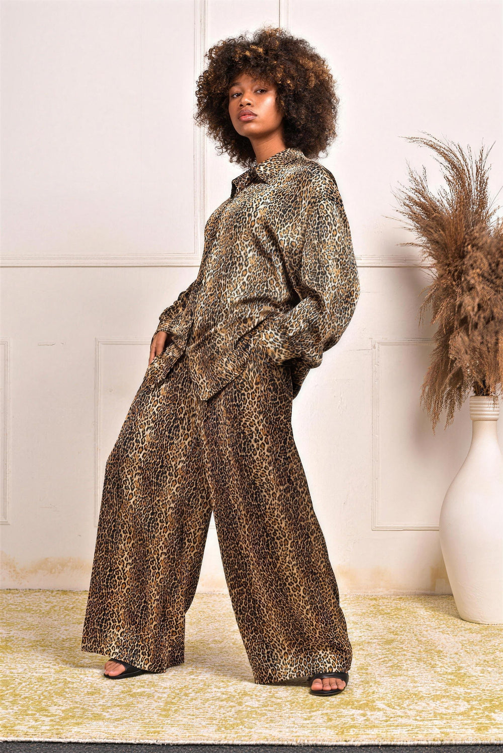 YUSHE Animal Print Wide-Leg Pants, Brown - additional model view 4