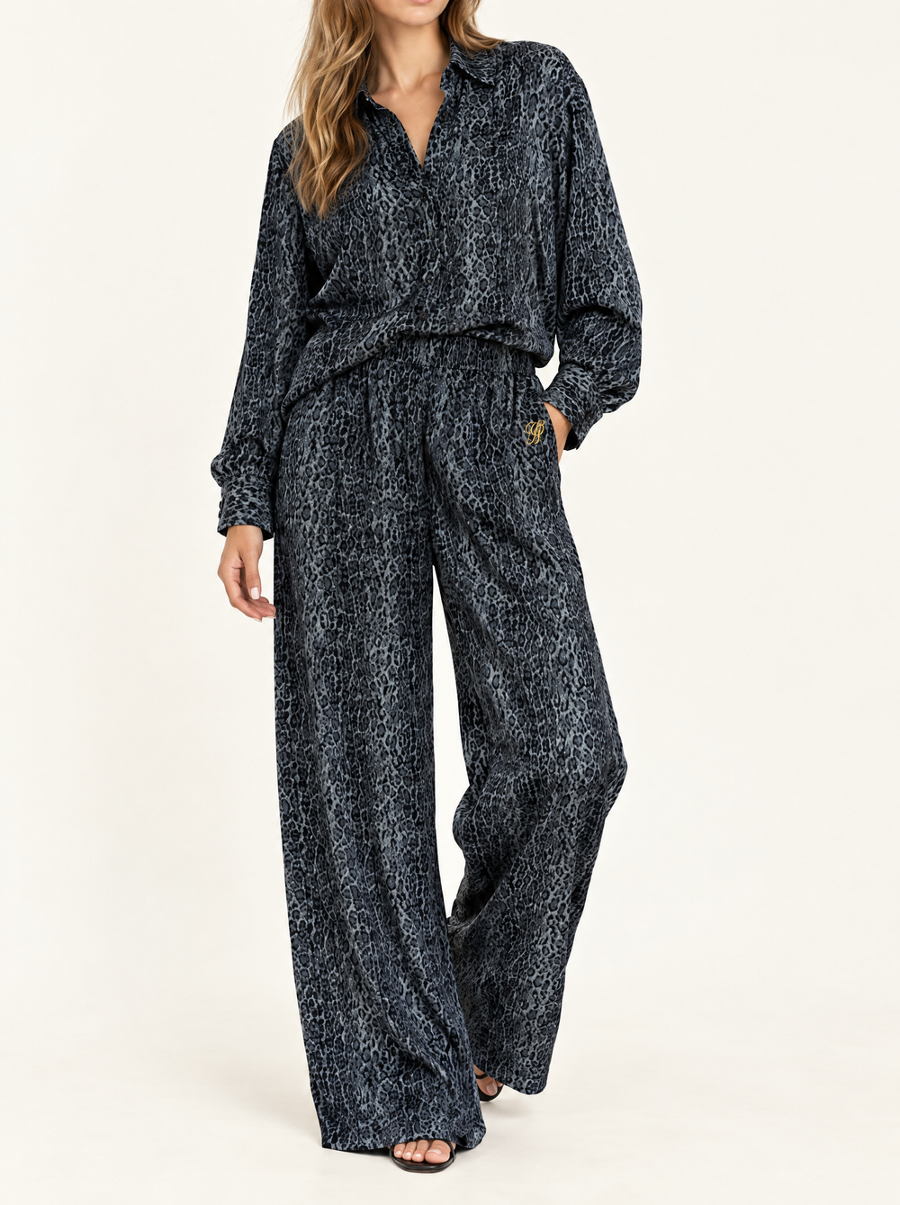 YUSHE Animal Print Wide-Leg Pants, Grey - Hover · model