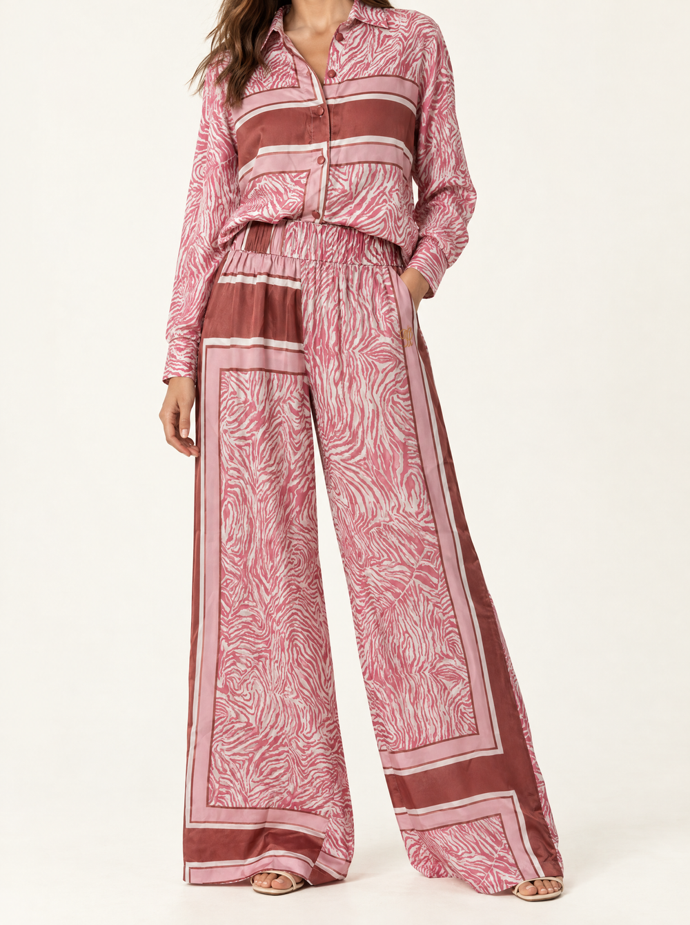 YUSHE Animal Print Wide-Leg Pants, Pink - Hover · model
