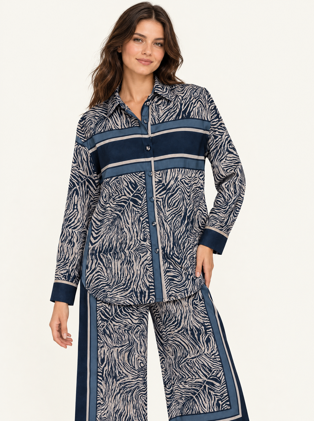 YUSHE Animal Print Button-Down Shirt, Blue - Hover · model