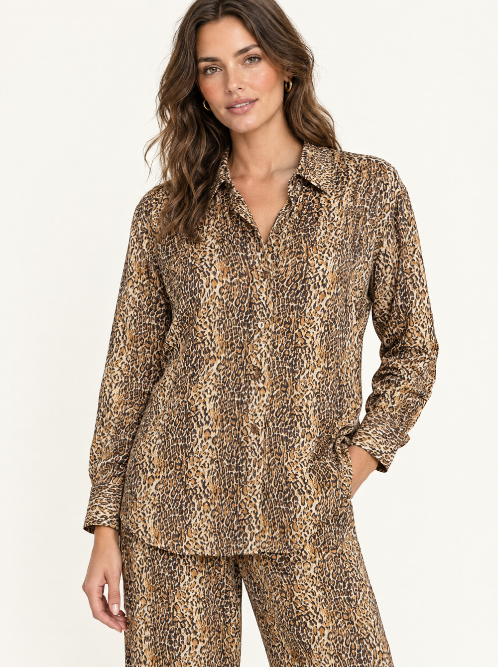 YUSHE Animal Print Button-Down Shirt, Brown - Hover · model