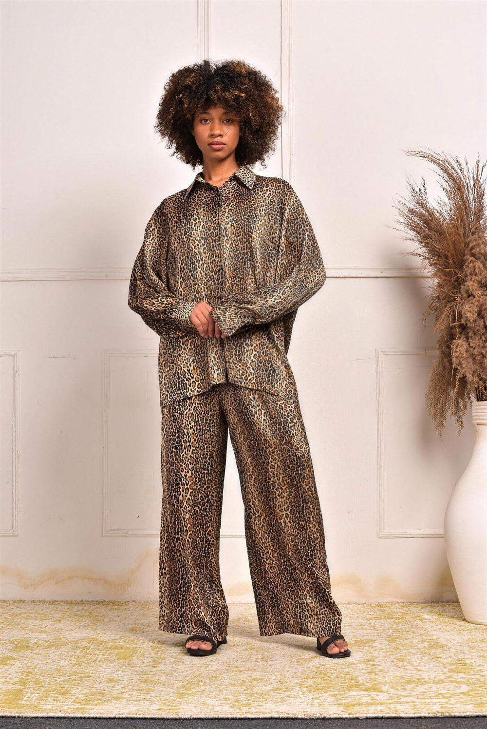 YUSHE Animal Print Button-Down Shirt, Brown - additional model view 4