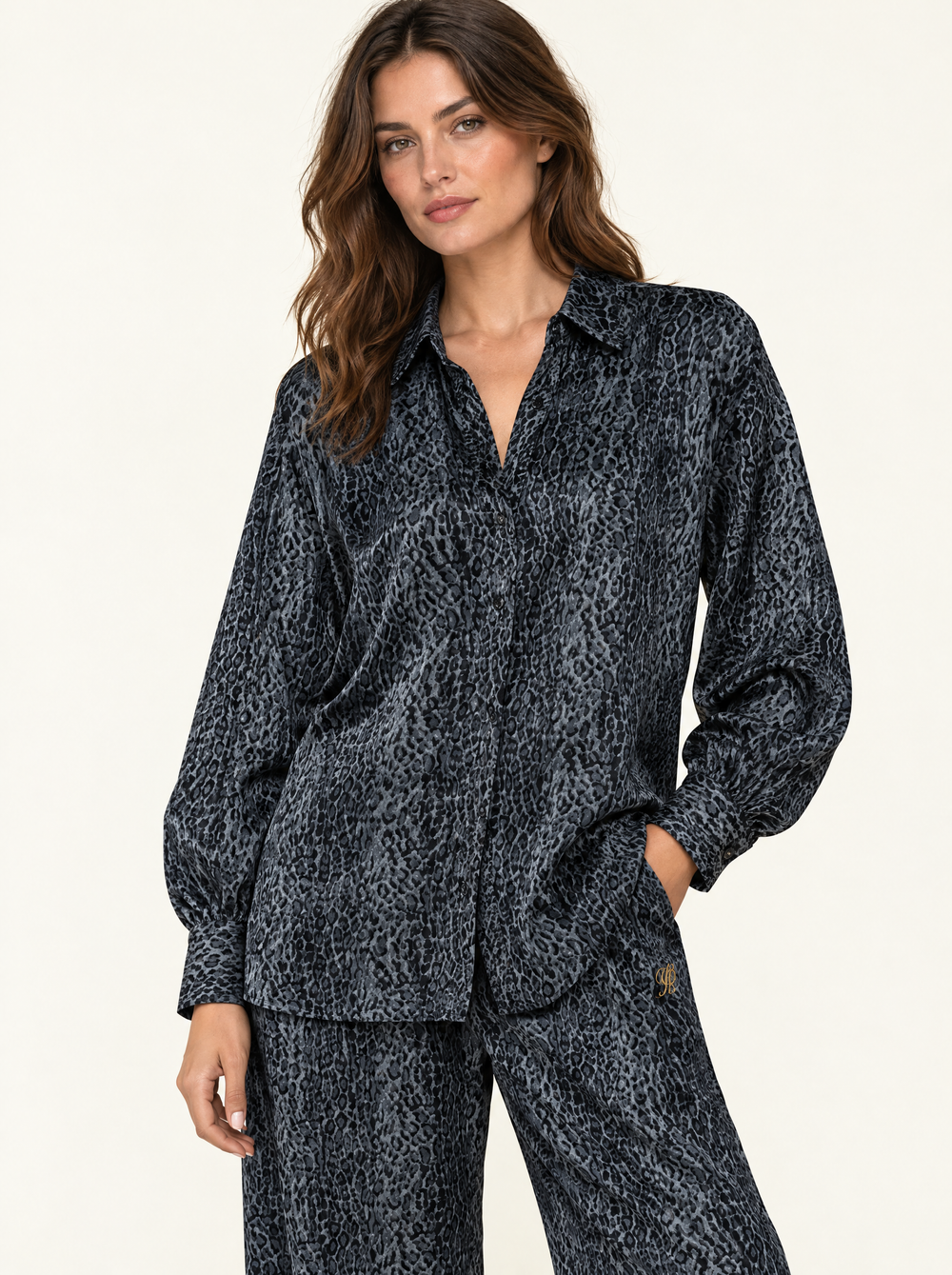 YUSHE Animal Print Button-Down Shirt, Grey - Hover · model