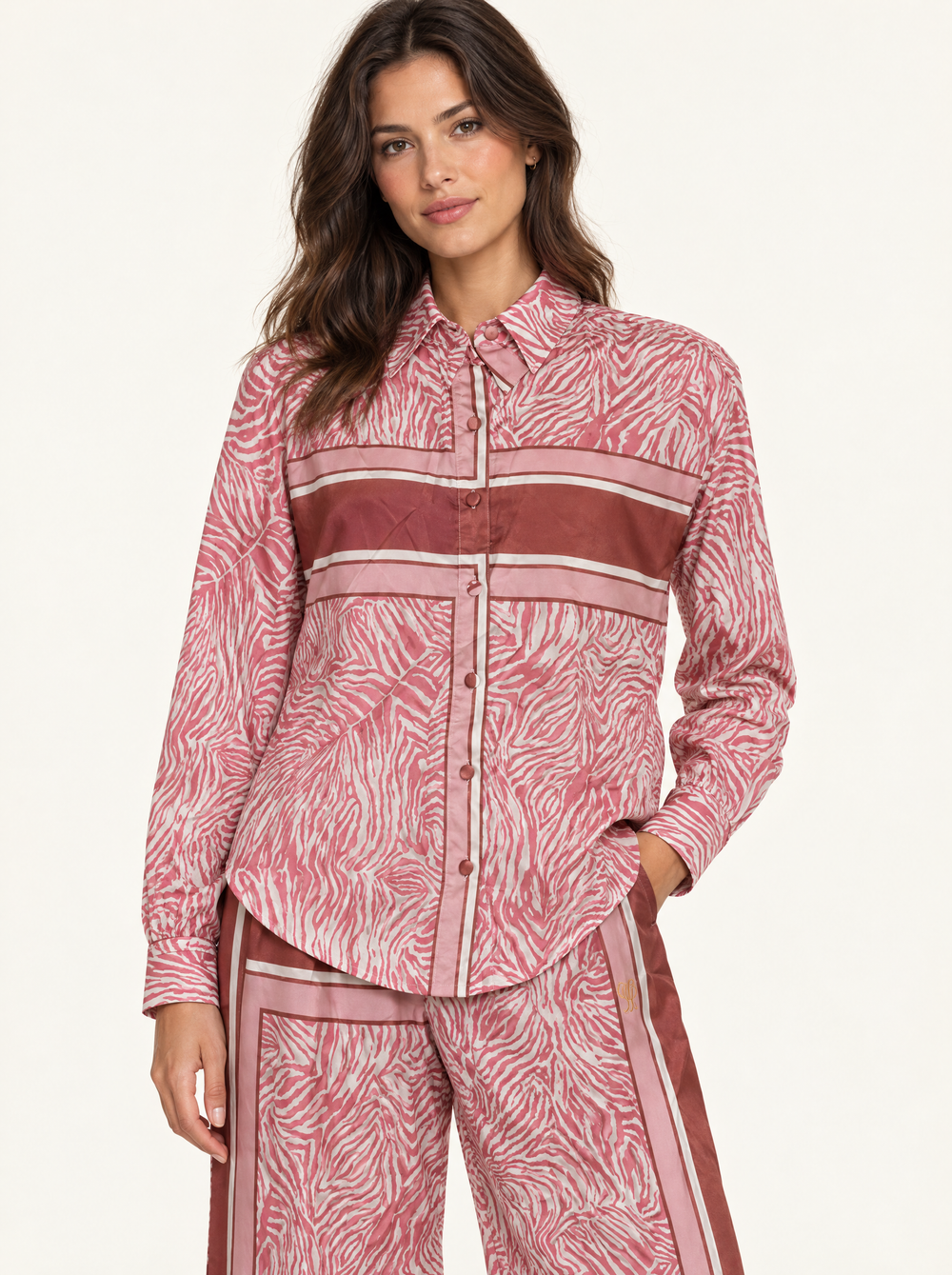 YUSHE Animal Print Button-Down Shirt, Pink - Hover · model