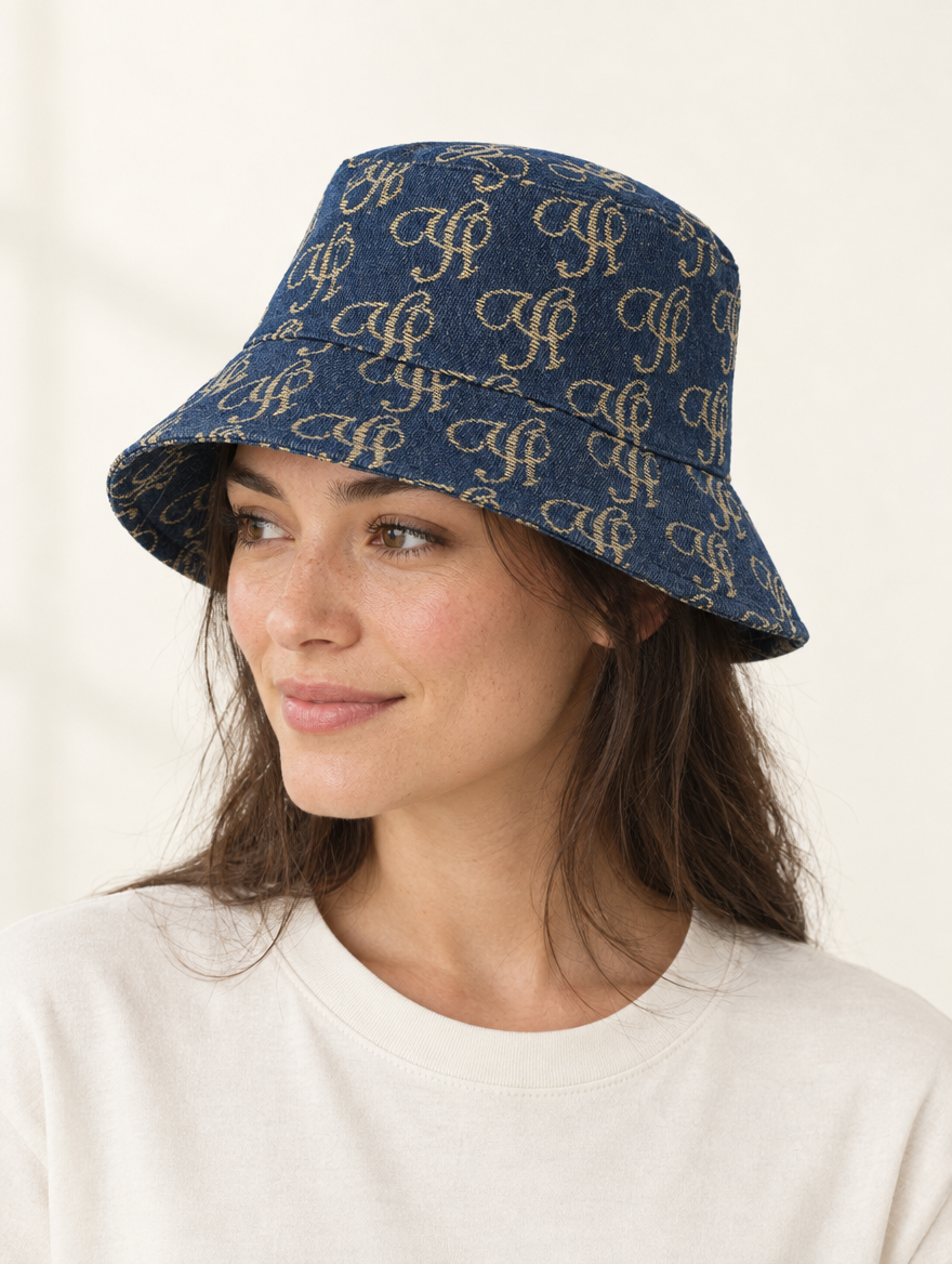 YUSHE Denim Bucket Hat, Dark Blue - Model · three-quarter