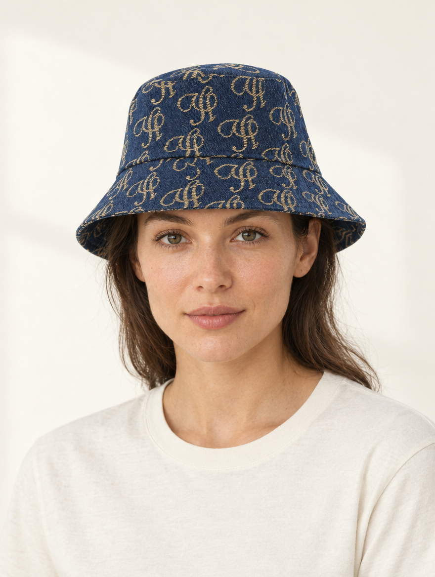 YUSHE Denim Bucket Hat, Dark Blue - Model · front