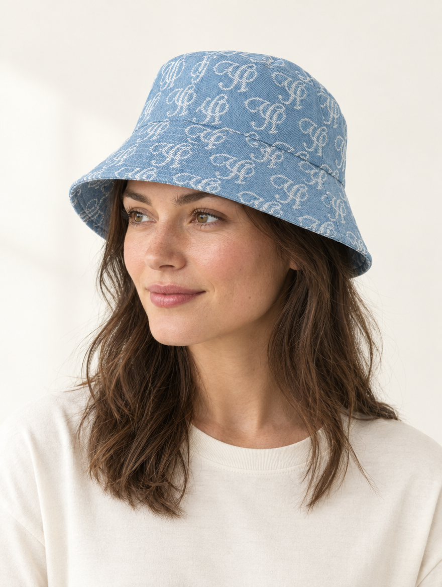 YUSHE Denim Bucket Hat, Light Blue - Model · three-quarter