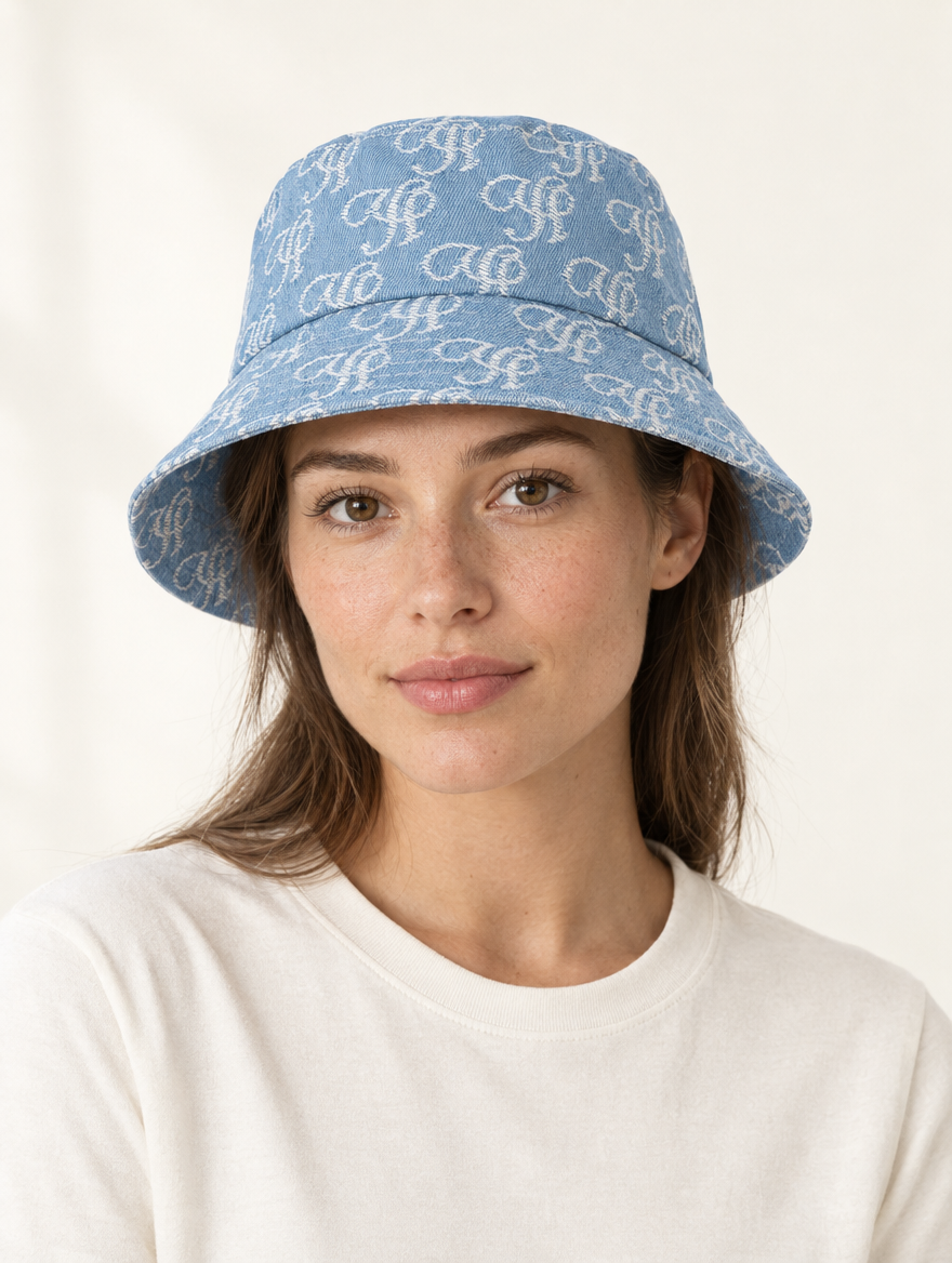 YUSHE Denim Bucket Hat, Light Blue - Model · front