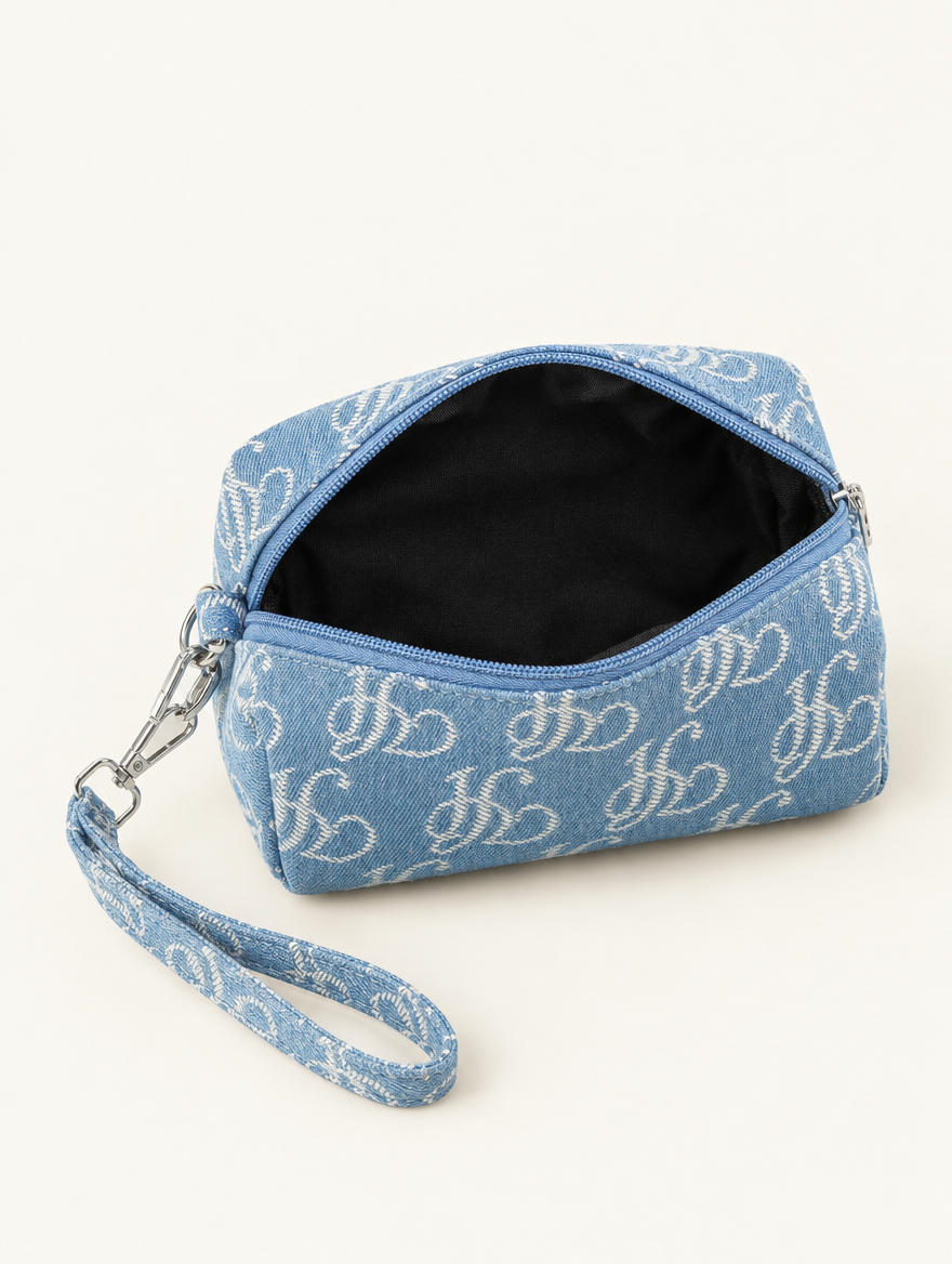 YUSHE Canvas Mini Pouch for Women, Light Blue - Open pouch · black lining