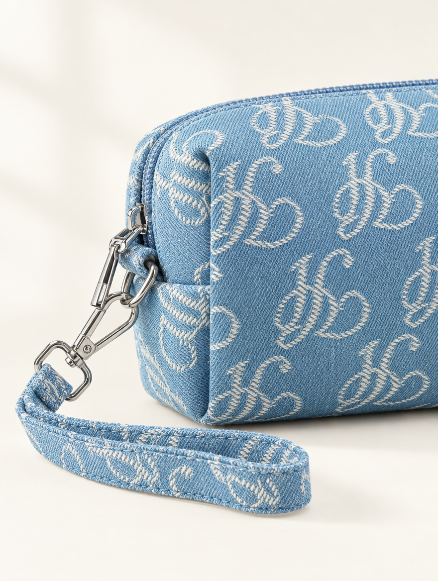 YUSHE Canvas Mini Pouch for Women, Light Blue - Zipper and wrist-loop detail